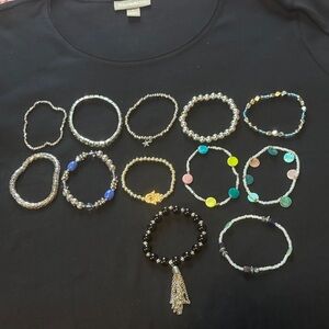 12 stretch bracelets, silver tones:
